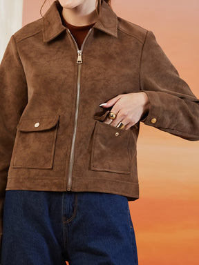Latin Quarters Women's Brown Solid Collar Neck Full Sleeves Casual Jacket