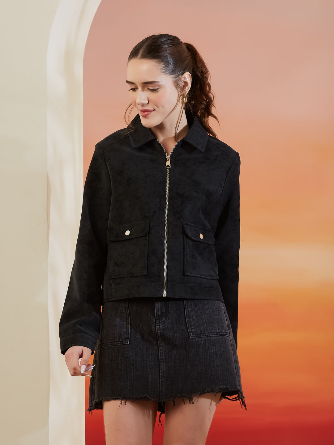 Latin Quarters Women's Black Solid Full Sleeves Collar Neck Casual Jacket