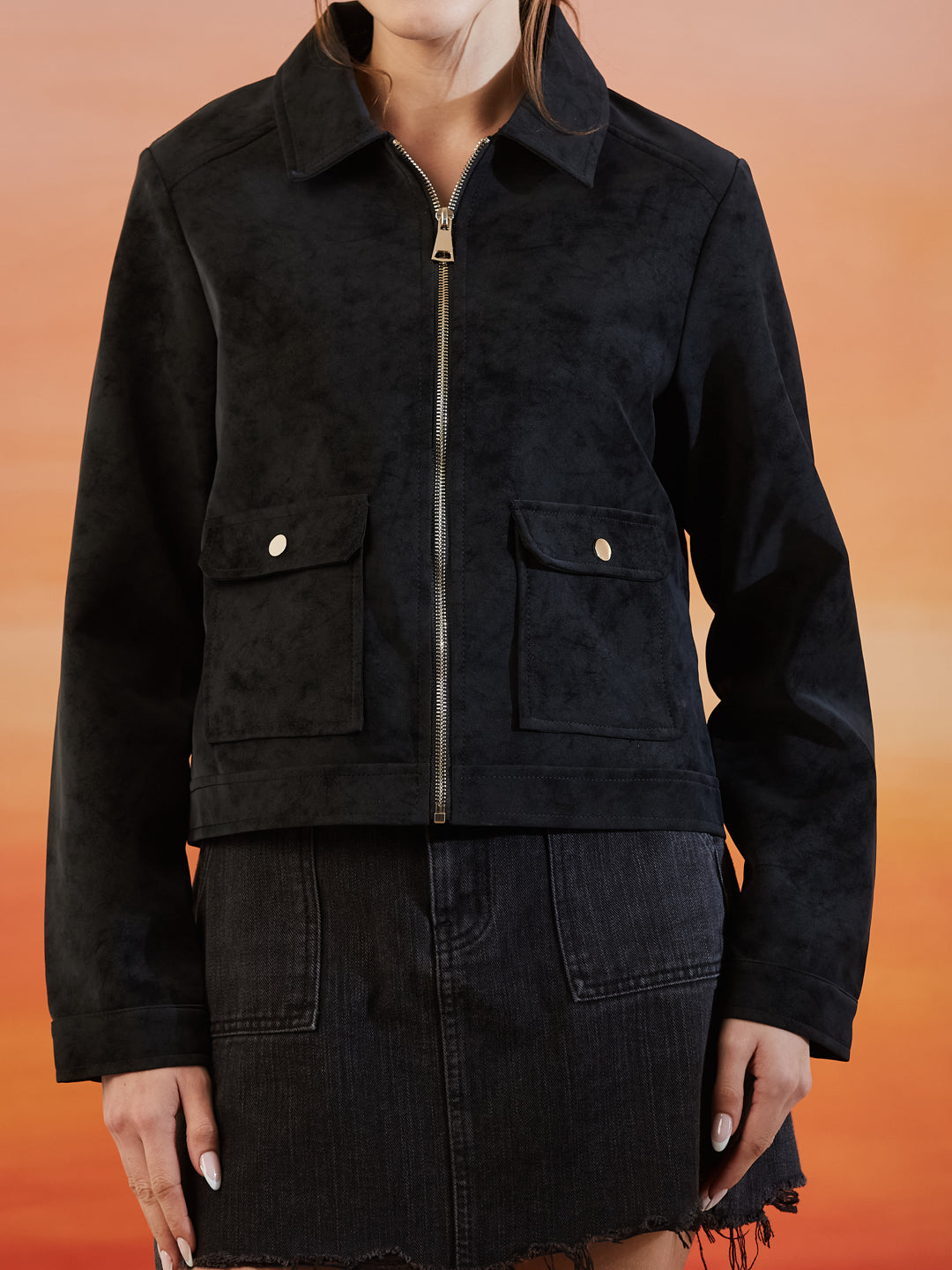 Latin Quarters Women's Black Solid Full Sleeves Collar Neck Casual Jacket