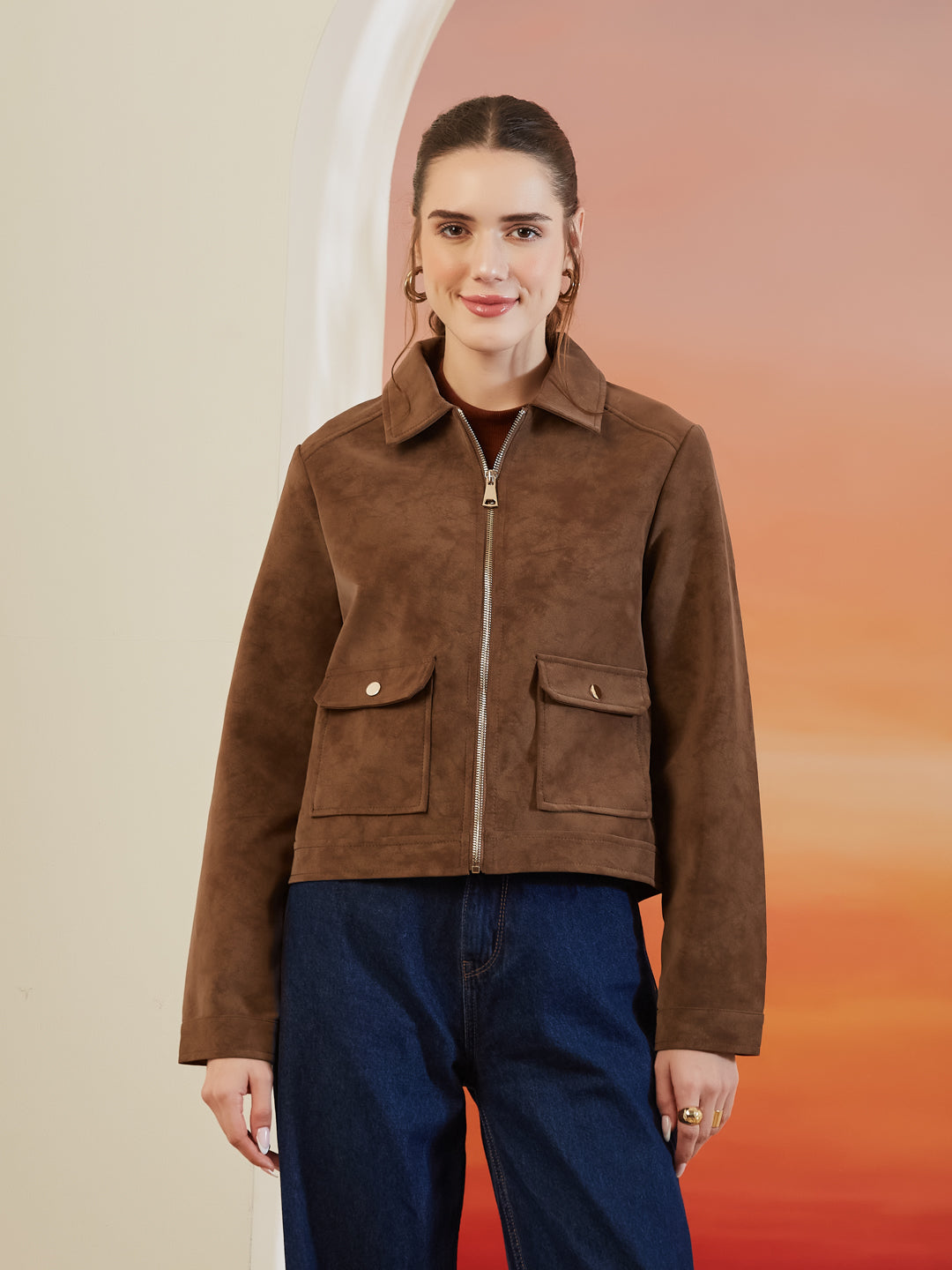Latin Quarters Women's Brown Solid Collar Neck Full Sleeves Casual Jacket