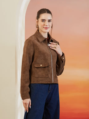 Latin Quarters Women's Brown Solid Collar Neck Full Sleeves Casual Jacket