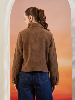 Latin Quarters Women's Brown Solid Collar Neck Full Sleeves Casual Jacket