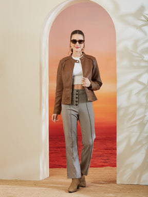 Latin Quarters Women's Brown Solid Full Sleeves Mandarin Neck Casual Biker Jacket