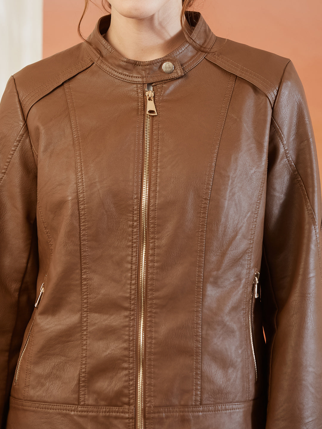 Latin Quarters Women's Brown Solid Full Sleeves Mandarin Neck Casual Biker Jacket