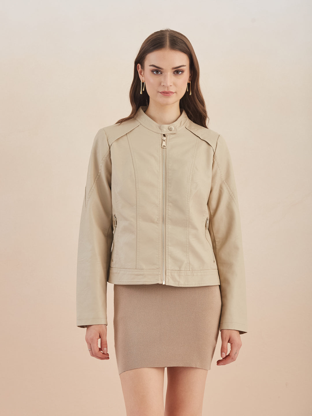 Latin Quarters Women's Beige Solid Full Sleeves Mandarin Neck Casual Biker Jacket