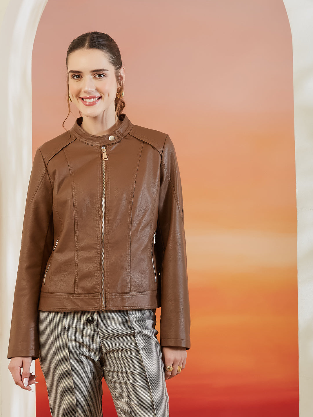 Latin Quarters Women's Beige Solid Full Sleeves Mandarin Neck Casual Biker Jacket
