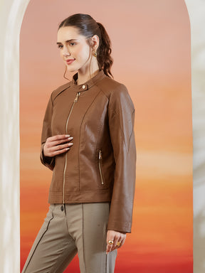 Latin Quarters Women's Brown Solid Full Sleeves Mandarin Neck Casual Biker Jacket