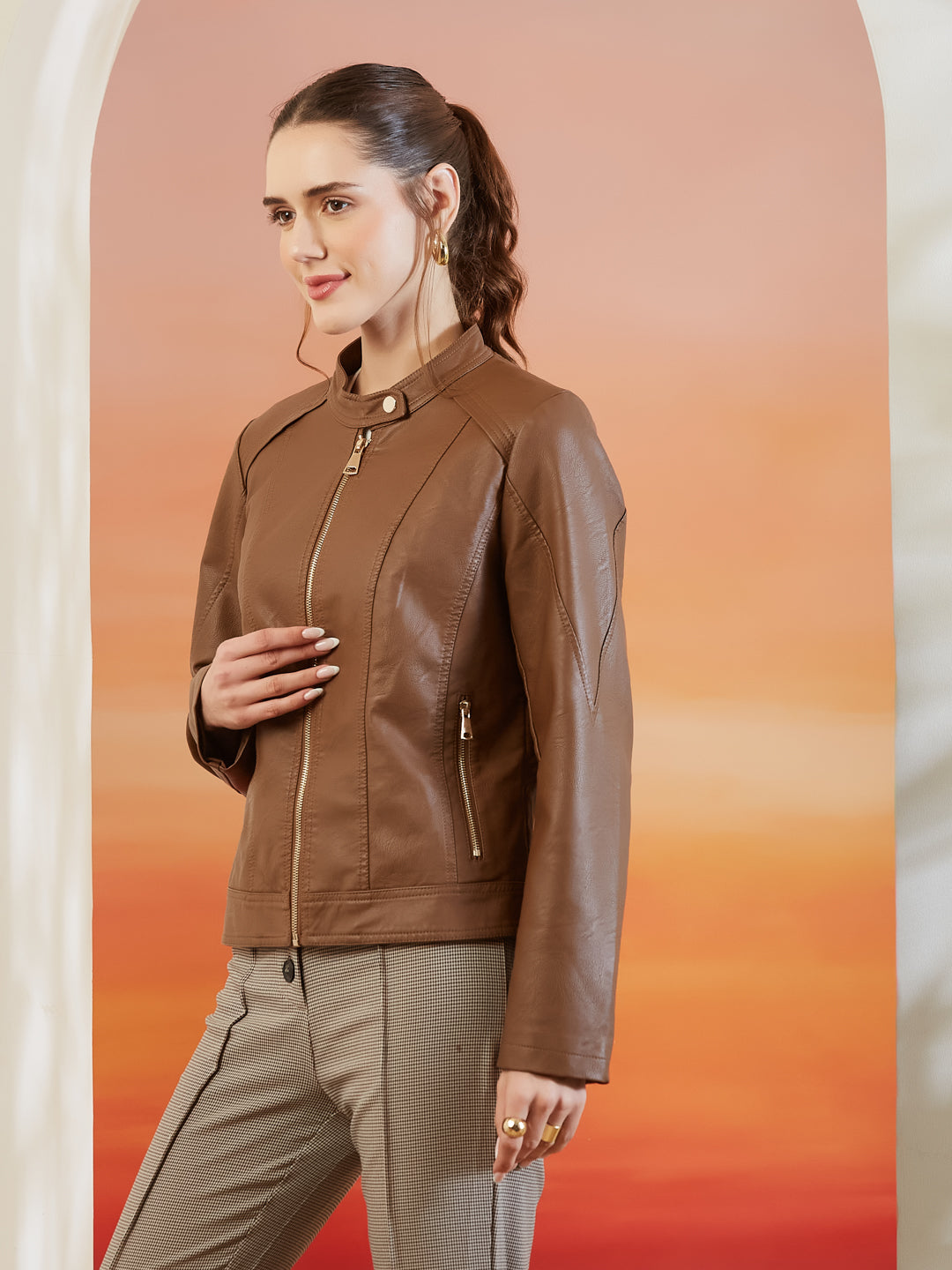 Latin Quarters Women's Beige Solid Full Sleeves Mandarin Neck Casual Biker Jacket