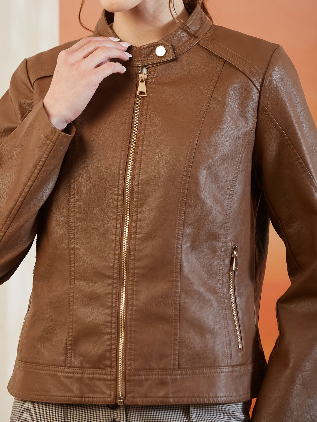 Latin Quarters Women's Brown Solid Full Sleeves Mandarin Neck Casual Biker Jacket