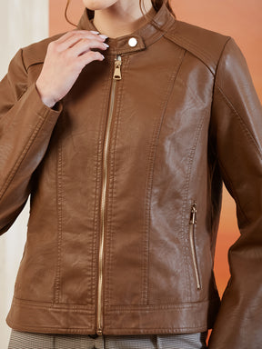 Latin Quarters Women's Beige Solid Full Sleeves Mandarin Neck Casual Biker Jacket