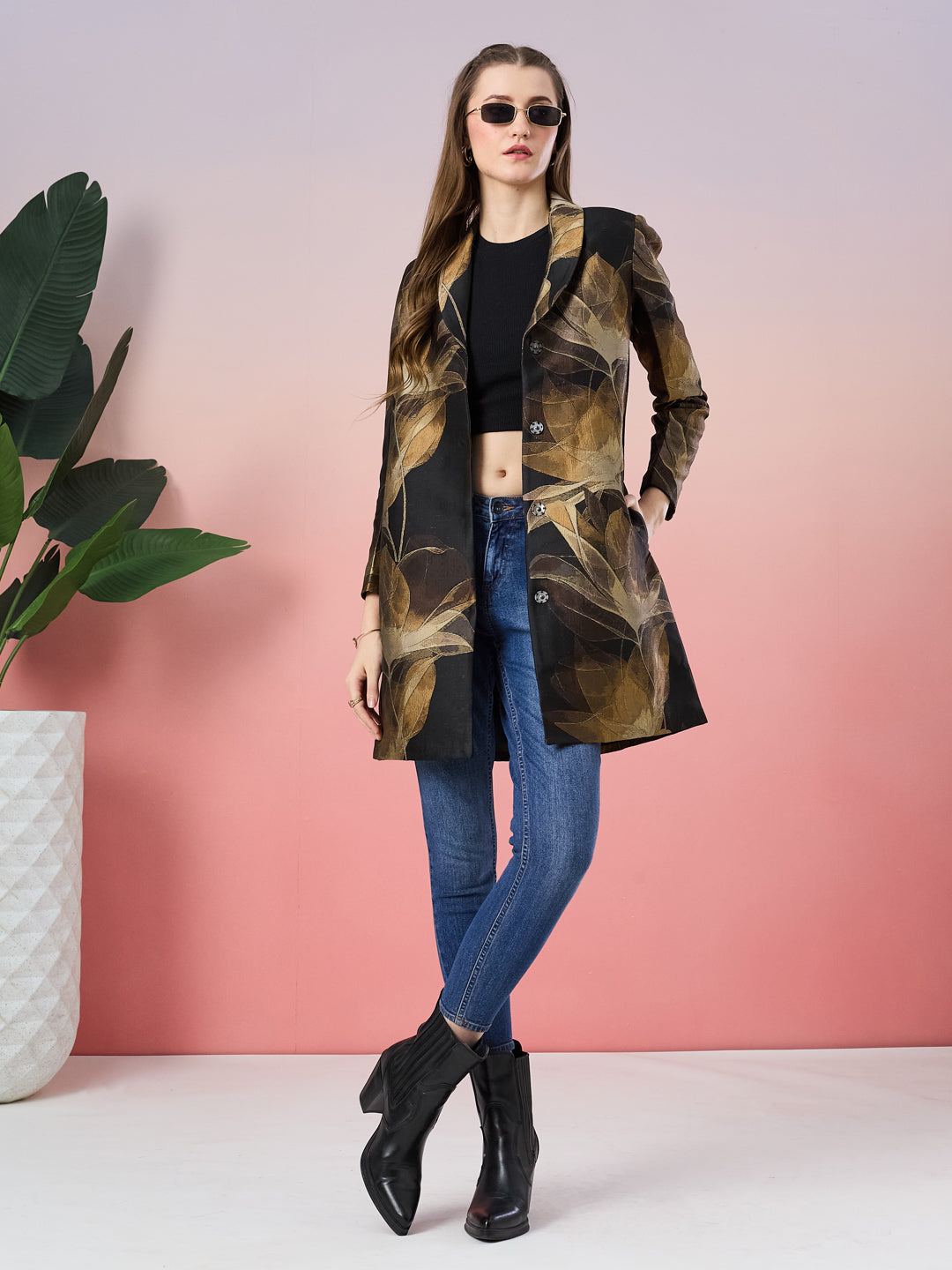 Latin Quarters Women's Black Printed Full Sleeve Collar Neck Casual Coat