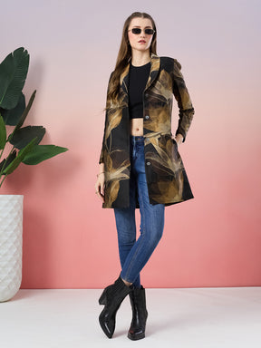 Latin Quarters Women's Black Printed Full Sleeve Collar Neck Casual Coat