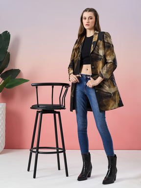 Latin Quarters Women's Black Printed Full Sleeve Collar Neck Casual Coat
