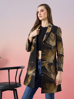 Latin Quarters Women's Black Printed Full Sleeve Collar Neck Casual Coat