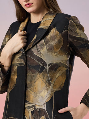 Latin Quarters Women's Black Printed Full Sleeve Collar Neck Casual Coat