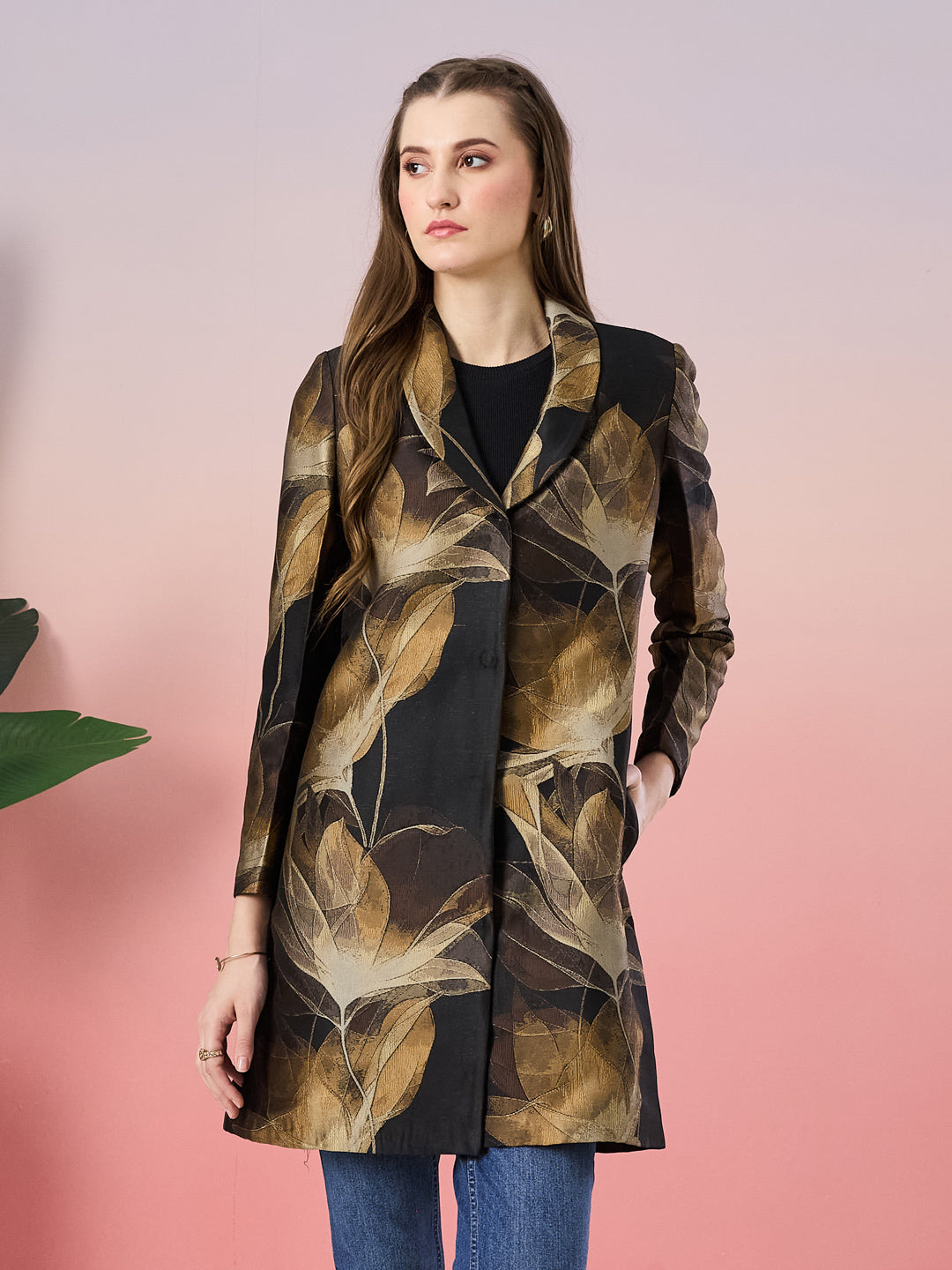 Latin Quarters Women's Black Printed Full Sleeve Collar Neck Casual Coat