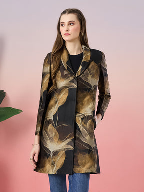 Latin Quarters Women's Black Printed Full Sleeve Collar Neck Casual Coat