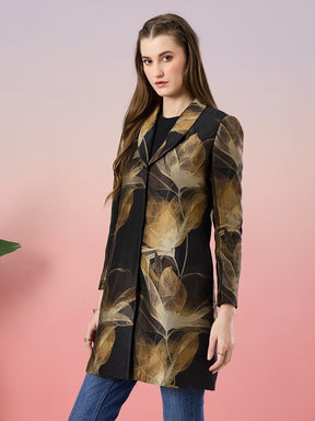 Latin Quarters Women's Black Printed Full Sleeve Collar Neck Casual Coat