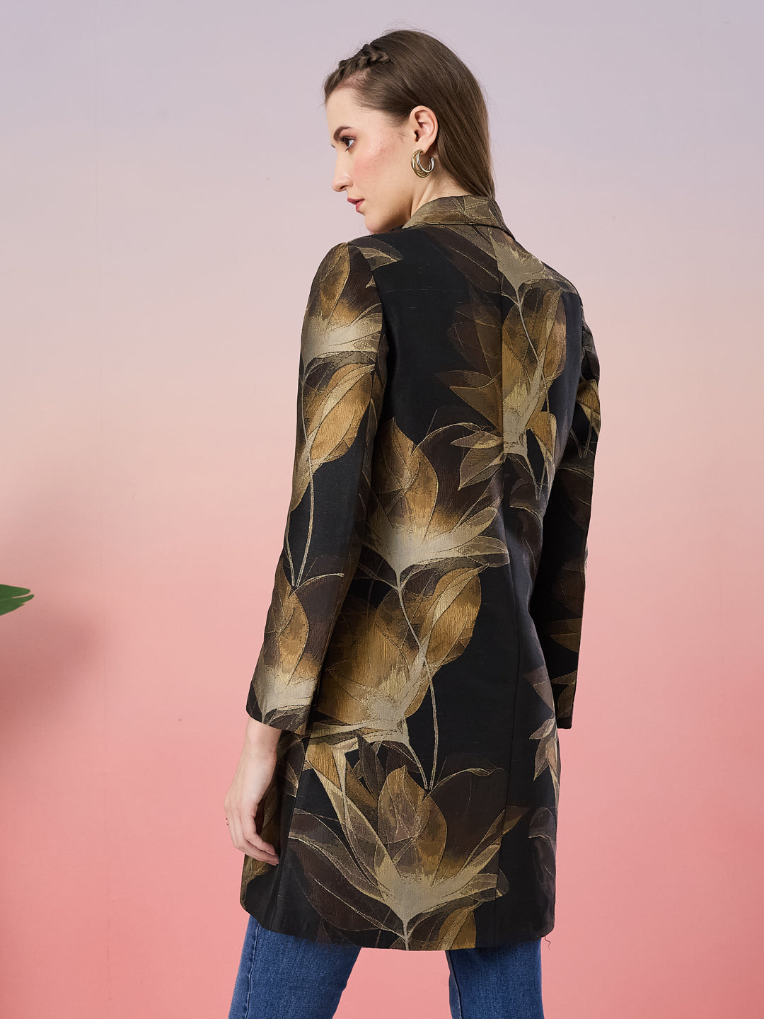 Latin Quarters Women's Black Printed Full Sleeve Collar Neck Casual Coat