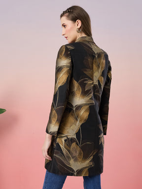 Latin Quarters Women's Black Printed Full Sleeve Collar Neck Casual Coat