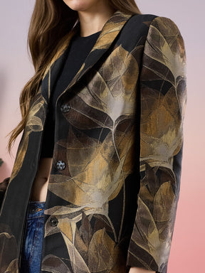 Latin Quarters Women's Black Printed Full Sleeve Collar Neck Casual Coat