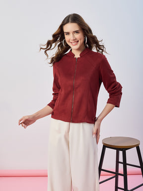 Latin Quarters Women's Maroon Solid Full Sleeves Mandarin Neck Casual Biker Jacket