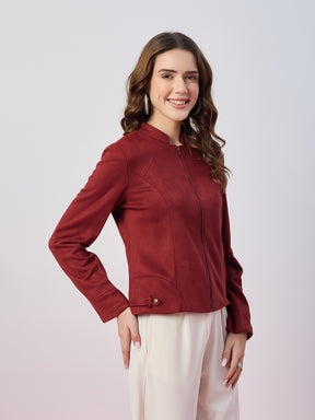 Latin Quarters Women's Maroon Solid Full Sleeves Mandarin Neck Casual Biker Jacket