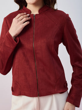Latin Quarters Women's Maroon Solid Full Sleeves Mandarin Neck Casual Biker Jacket