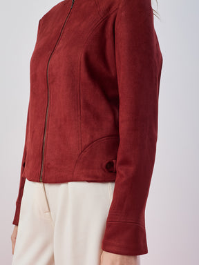 Latin Quarters Women's Maroon Solid Full Sleeves Mandarin Neck Casual Biker Jacket