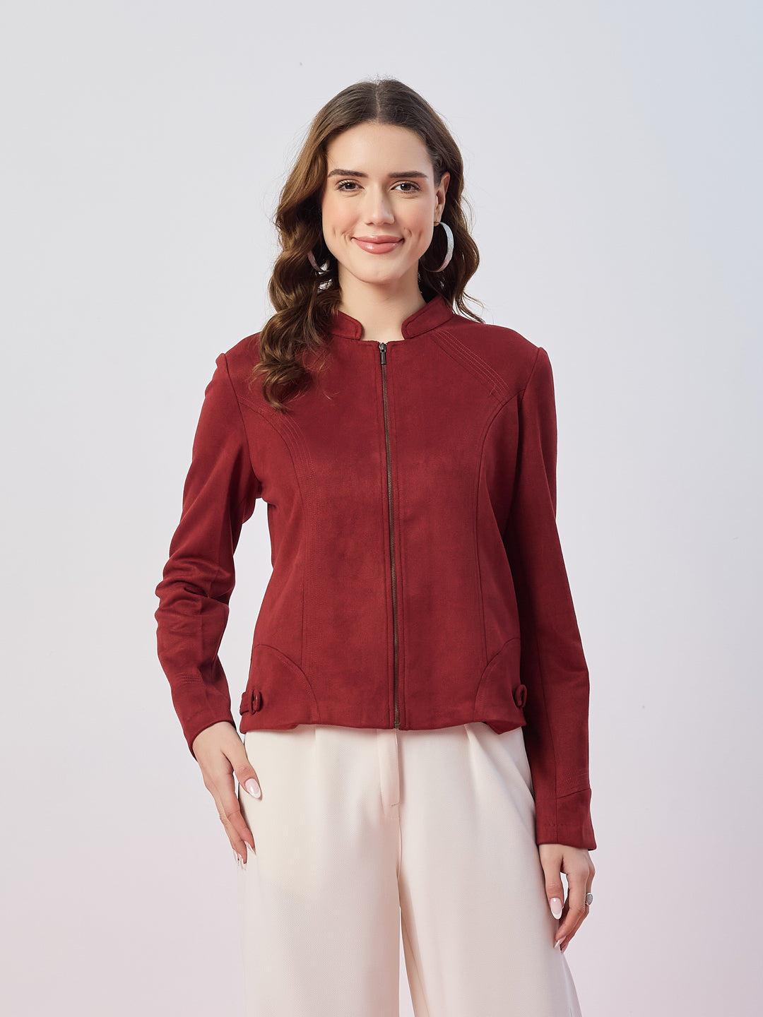 Latin Quarters Women's Maroon Solid Full Sleeves Mandarin Neck Casual Biker Jacket