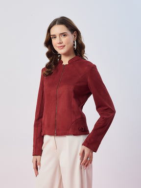 Latin Quarters Women's Maroon Solid Full Sleeves Mandarin Neck Casual Biker Jacket