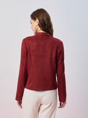 Latin Quarters Women's Maroon Solid Full Sleeves Mandarin Neck Casual Biker Jacket