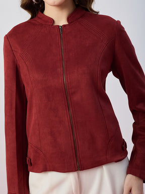 Latin Quarters Women's Maroon Solid Full Sleeves Mandarin Neck Casual Biker Jacket