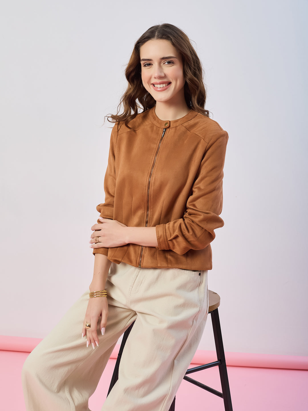 Latin Quarters Women's Tan Solid Full Sleeves Mandarin Neck Casual Biker Jacket