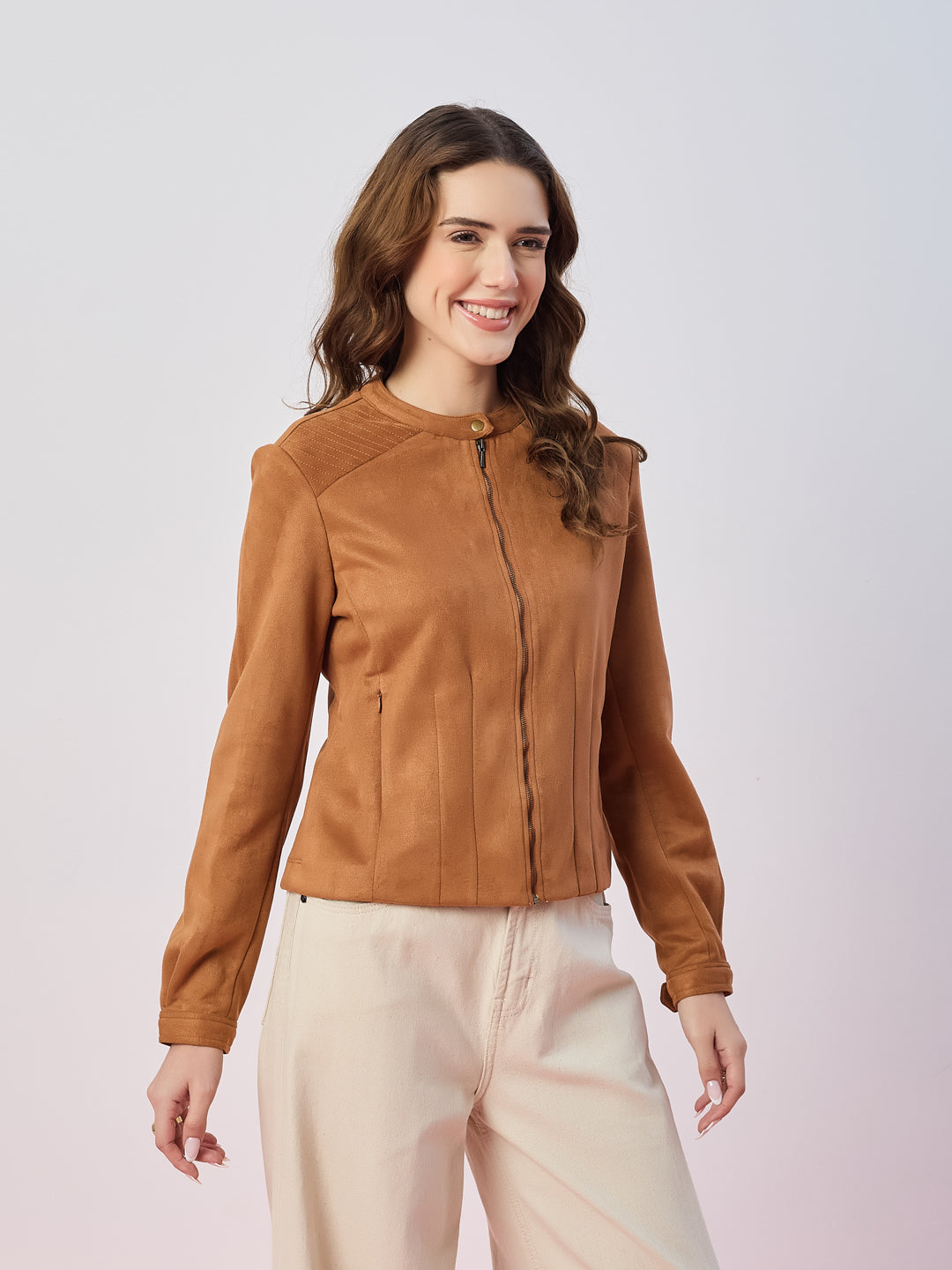 Latin Quarters Women's Tan Solid Full Sleeves Mandarin Neck Casual Biker Jacket