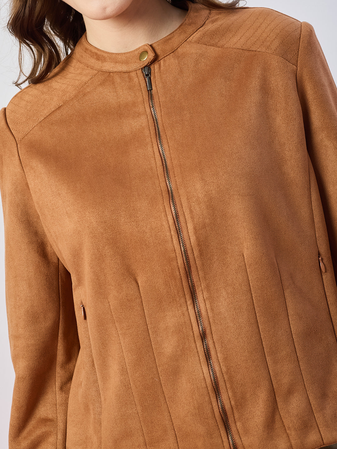 Latin Quarters Women's Tan Solid Full Sleeves Mandarin Neck Casual Biker Jacket