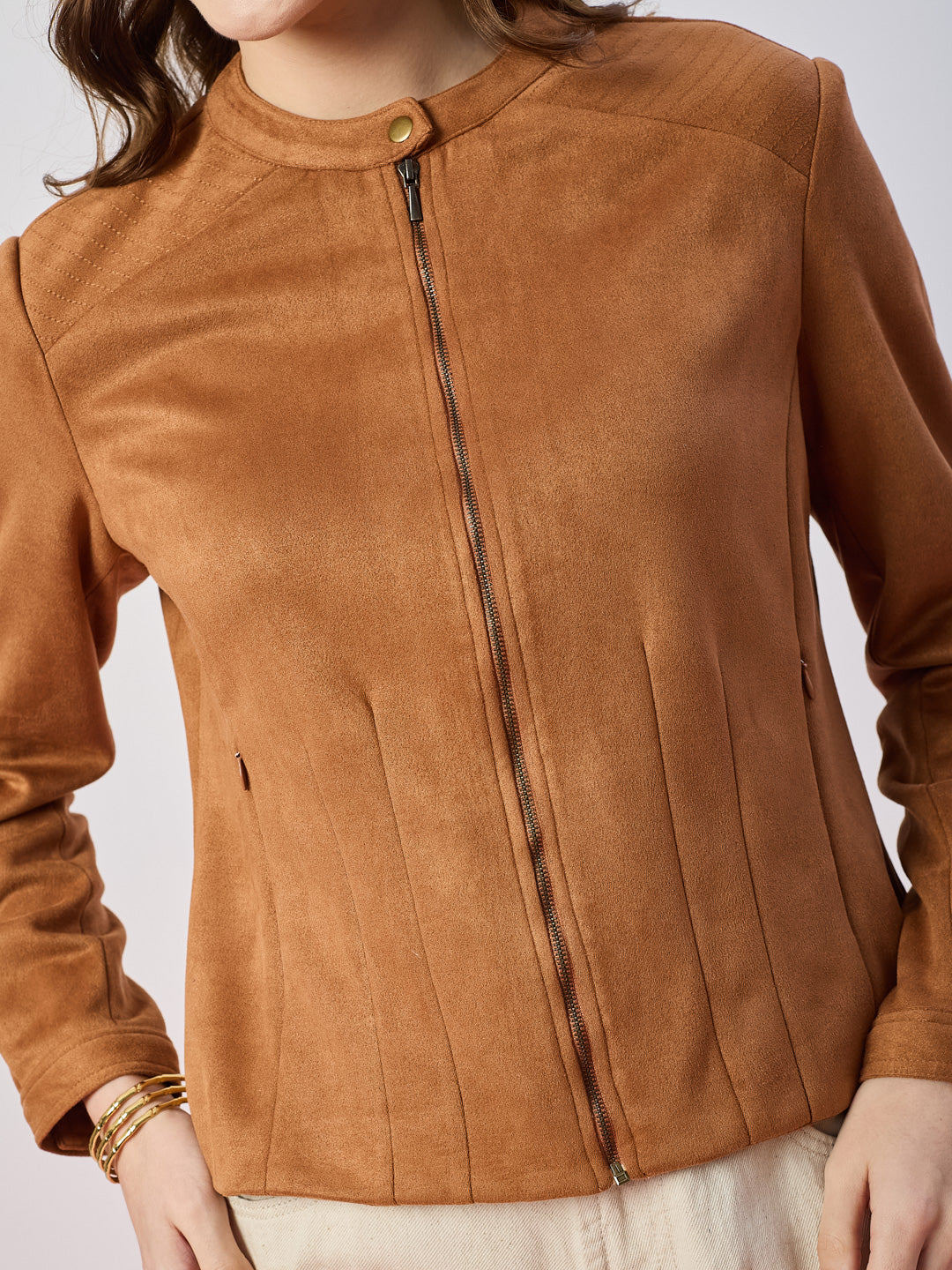 Latin Quarters Women's Tan Solid Full Sleeves Mandarin Neck Casual Biker Jacket