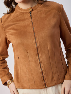 Latin Quarters Women's Tan Solid Full Sleeves Mandarin Neck Casual Biker Jacket
