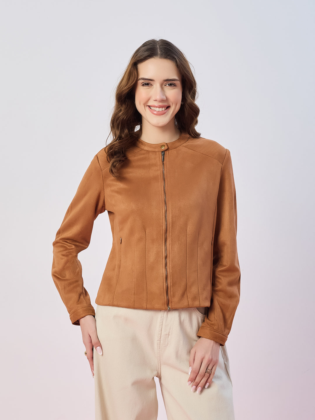 Latin Quarters Women's Tan Solid Full Sleeves Mandarin Neck Casual Biker Jacket