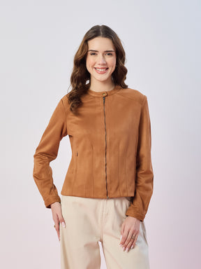 Latin Quarters Women's Tan Solid Full Sleeves Mandarin Neck Casual Biker Jacket