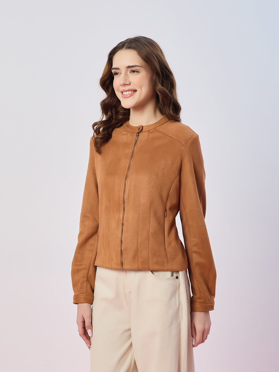 Latin Quarters Women's Tan Solid Full Sleeves Mandarin Neck Casual Biker Jacket