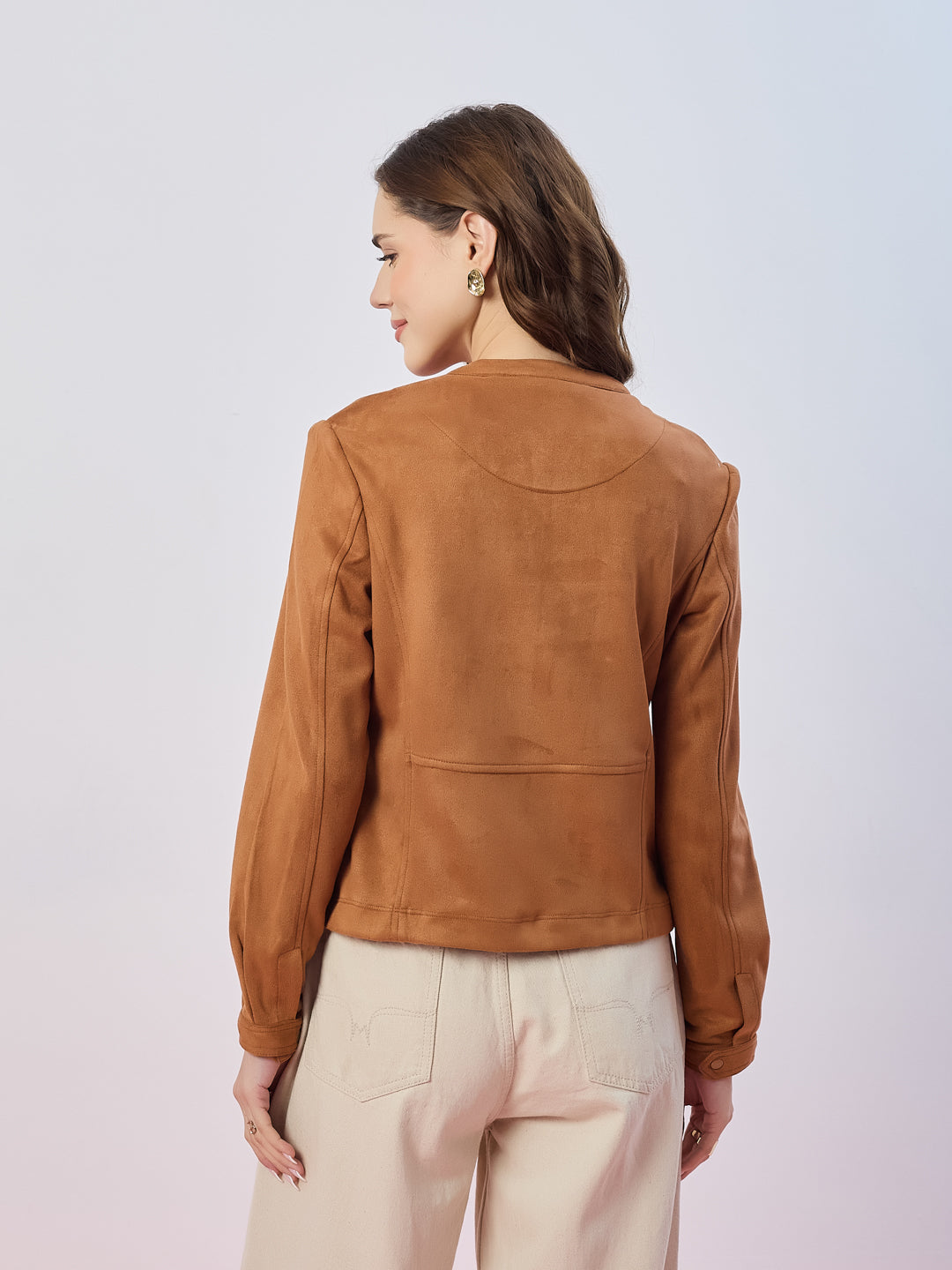 Latin Quarters Women's Tan Solid Full Sleeves Mandarin Neck Casual Biker Jacket