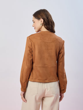 Latin Quarters Women's Tan Solid Full Sleeves Mandarin Neck Casual Biker Jacket