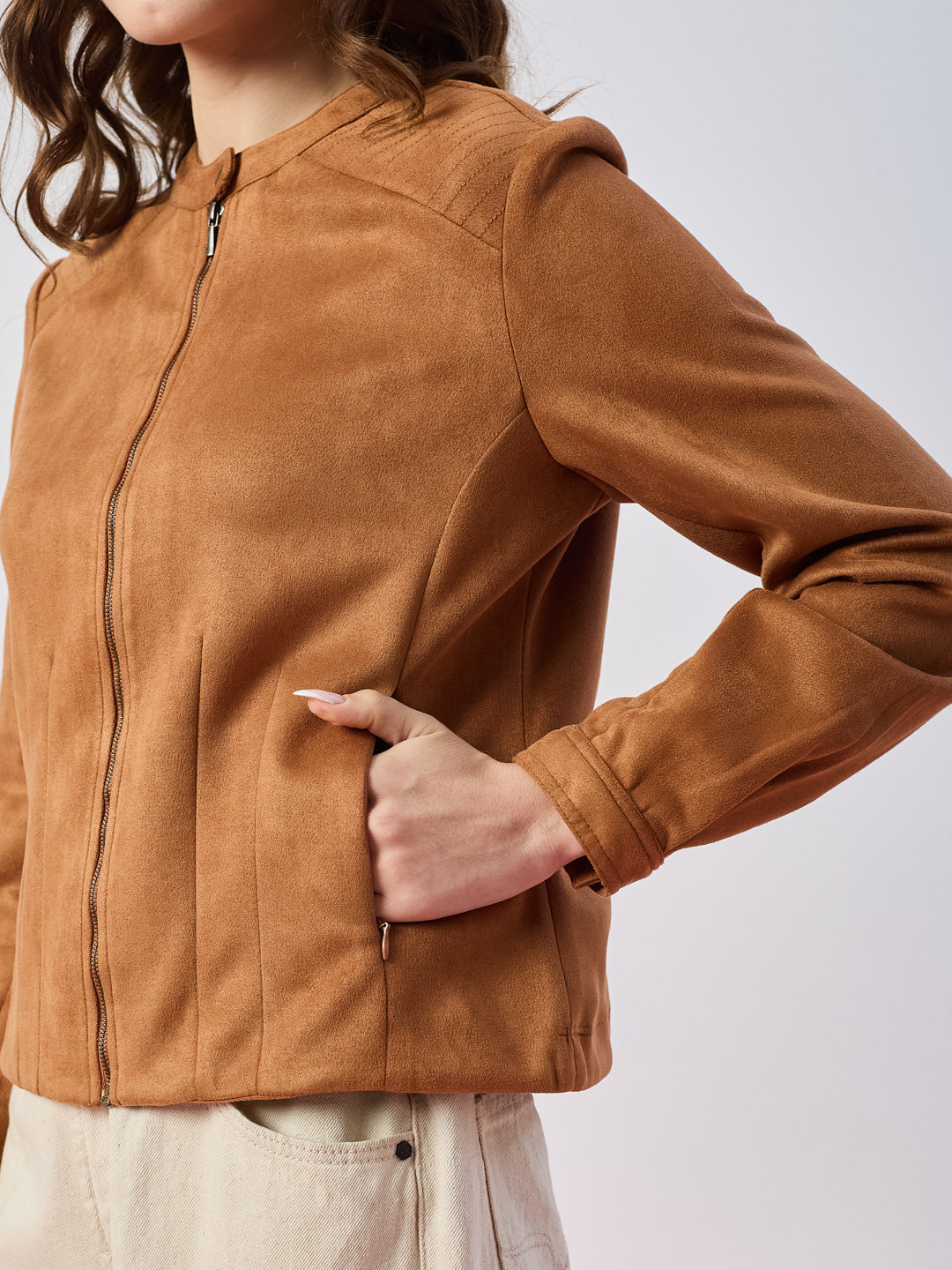 Latin Quarters Women's Tan Solid Full Sleeves Mandarin Neck Casual Biker Jacket