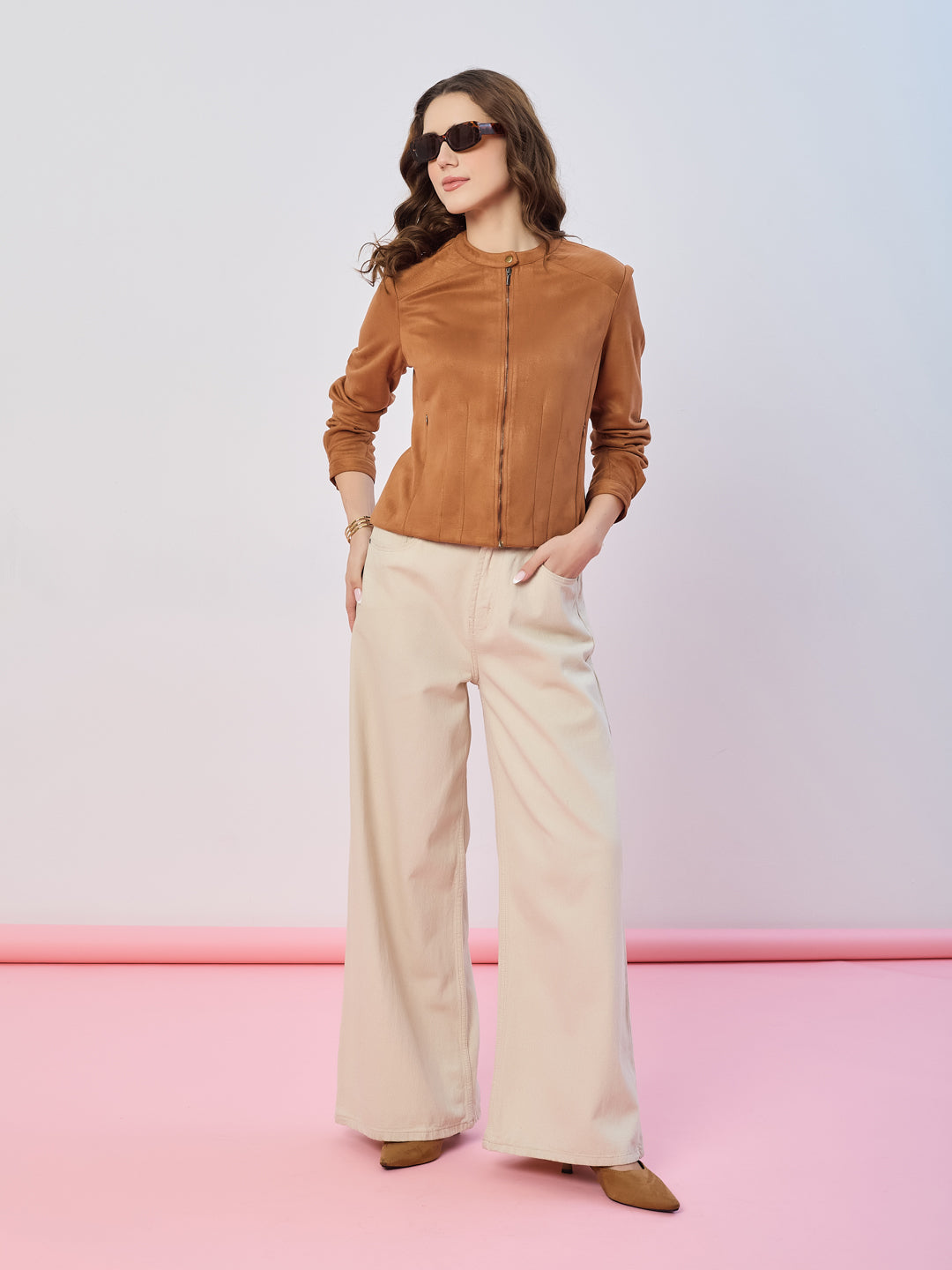 Latin Quarters Women's Tan Solid Full Sleeves Mandarin Neck Casual Biker Jacket