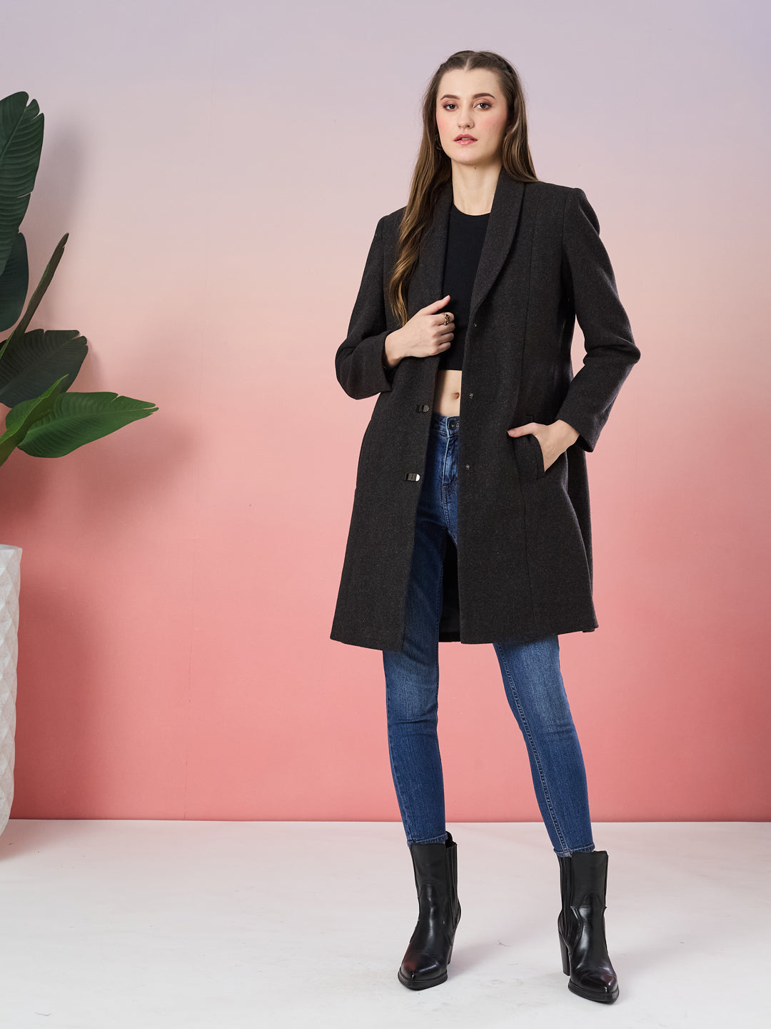 Latin Quarters Women's Black Solid Full Sleeve Collar Neck Casual Overcoat