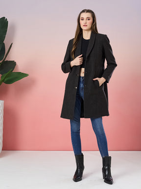 Latin Quarters Women's Black Solid Full Sleeve Collar Neck Casual Overcoat