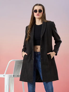 Latin Quarters Women's Black Solid Full Sleeve Collar Neck Casual Overcoat