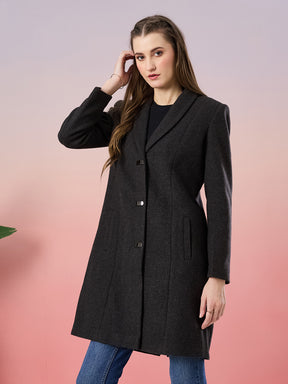 Latin Quarters Women's Black Solid Full Sleeve Collar Neck Casual Overcoat