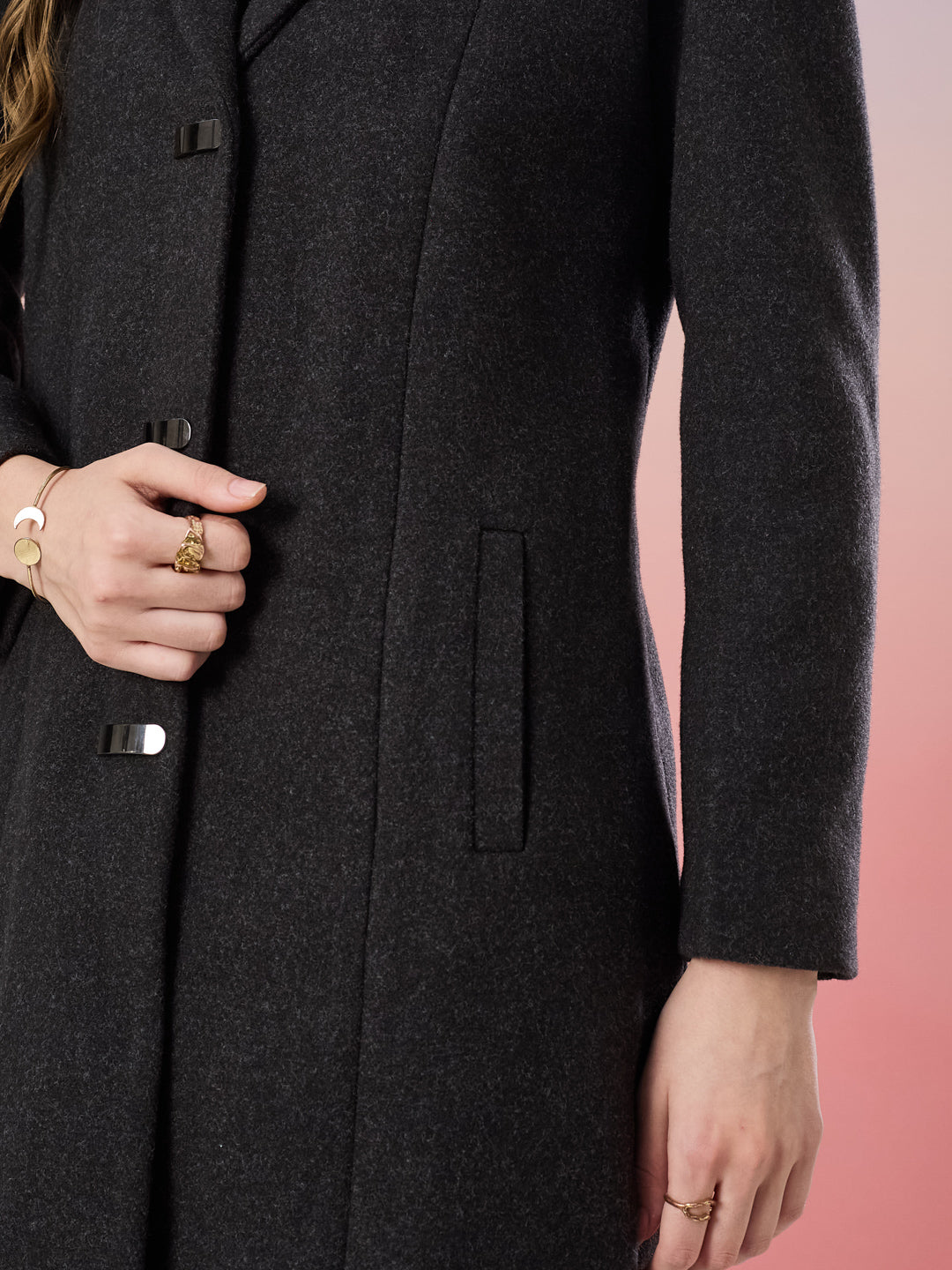Latin Quarters Women's Black Solid Full Sleeve Collar Neck Casual Overcoat